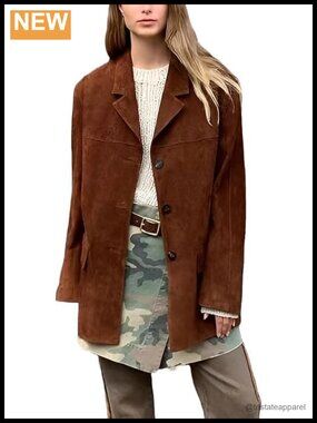 Suede Leather Blazer Womens Oversized Casual Coat Streetwear Style Jacket